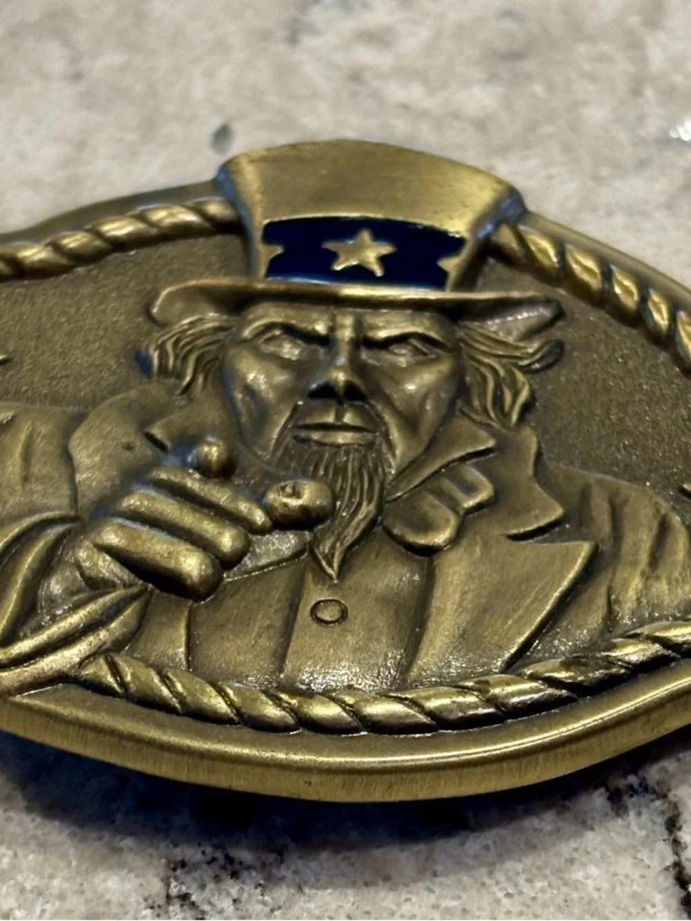 Source Unknown Brass Uncle Sam Belt Buckle with Navy Accent